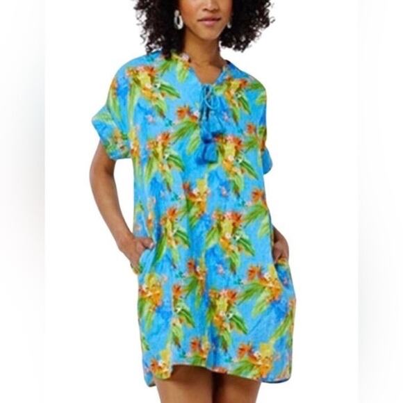 Roller Rabbit Caprice Blue Tropical Floral Linen Cotton Tunic Dress Small - Picture 1 of 6